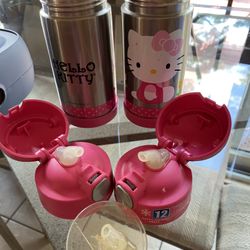 2 X 12oz Thermos Hello Kitty Bottles With Extra Straw 