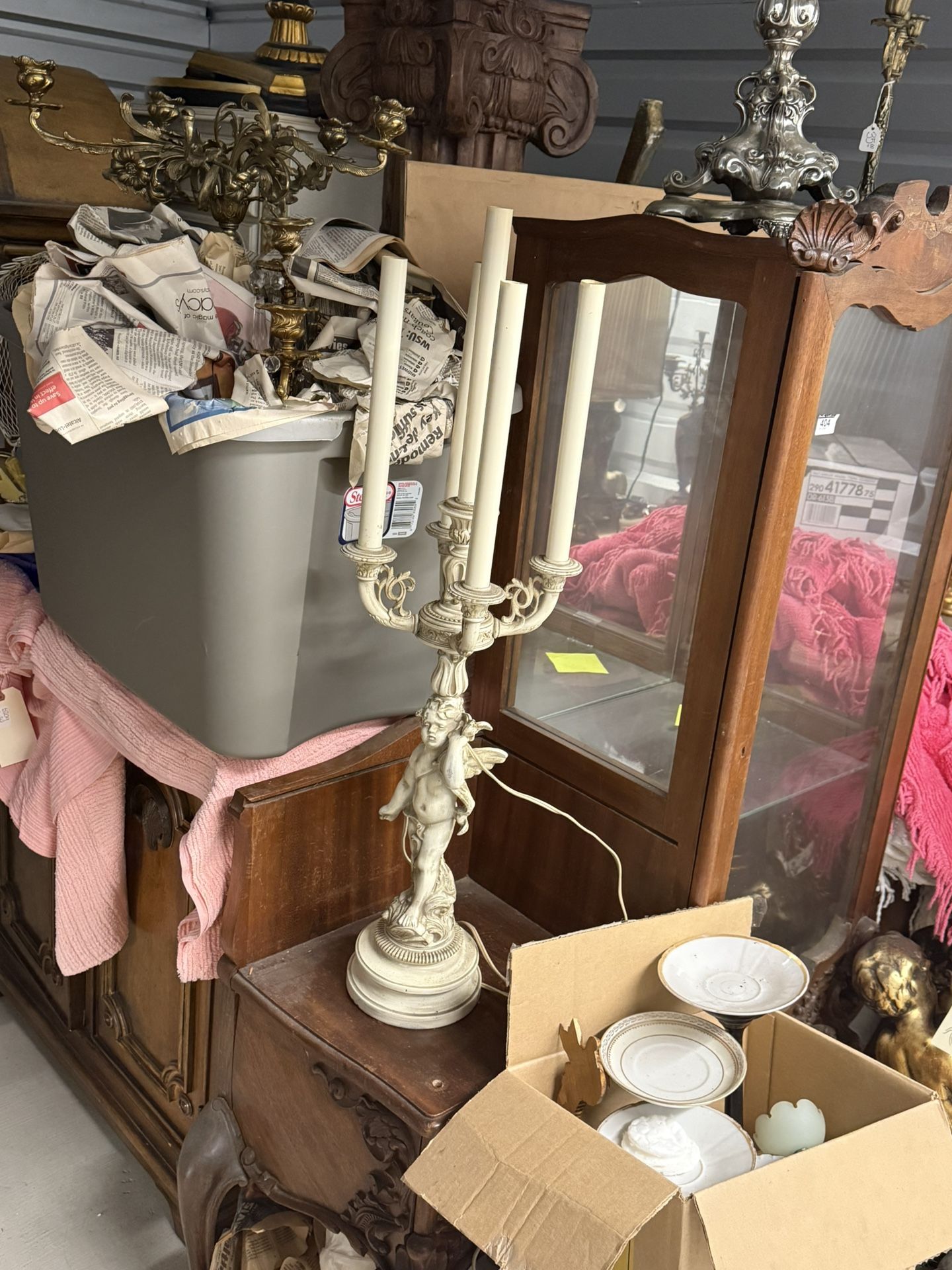 Vintage chalkware cherub lamp with five candle holders.