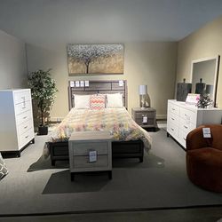 Grey/white Queen Bed, Dresser, Mirror And One Nightstand