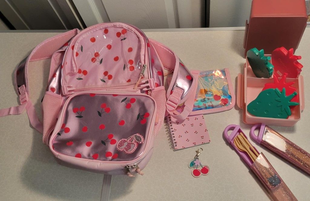 ADORABLE PINK AND CHERRY MOTIF BACKPACK AND LUNCHBAG