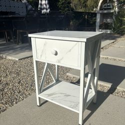 White Marble Nightstand / Side Table With Drawer