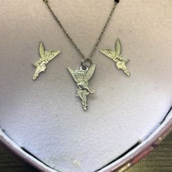 Disney Tinker Bell Sterling Silver necklace, pendant & earring set new in decorative jewelry box
