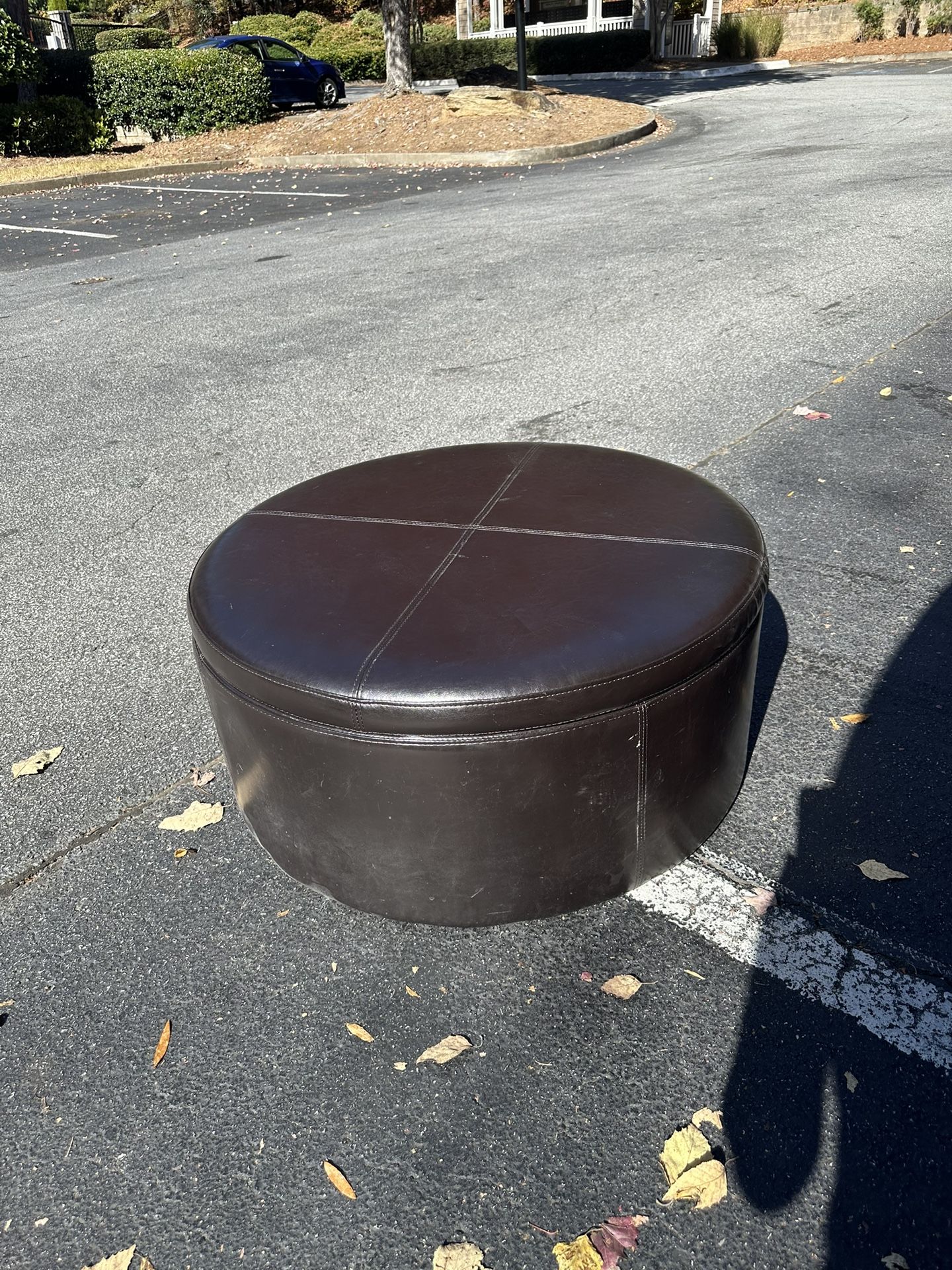 Round Brown Leather Storage Ottoman