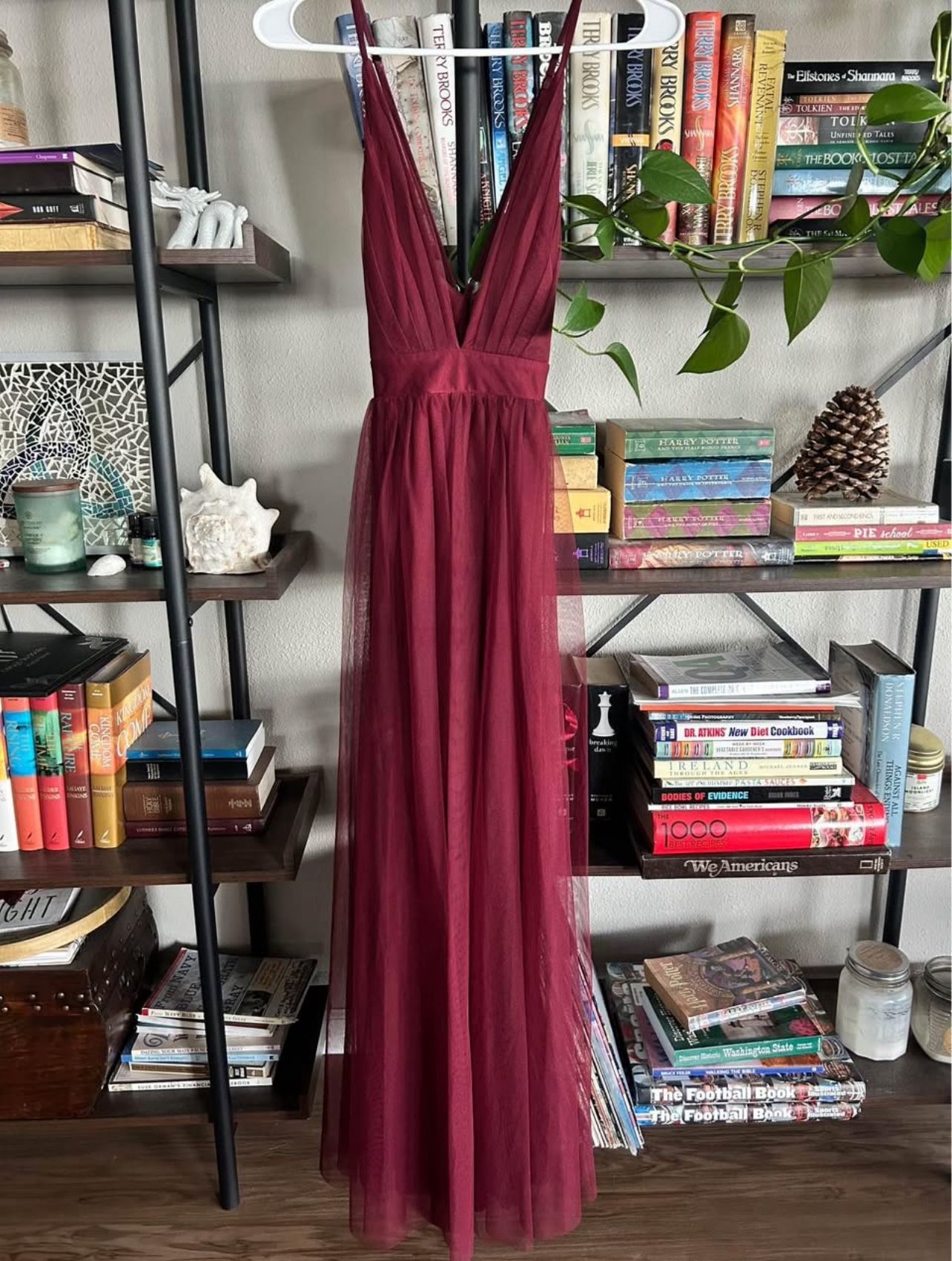 Maroon Tule Double Leg Slit Maxi Dress