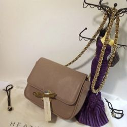 New HEATHER HAWKINS Small Taupe Leather Crossbody Bag Purse Woth Chain Strap