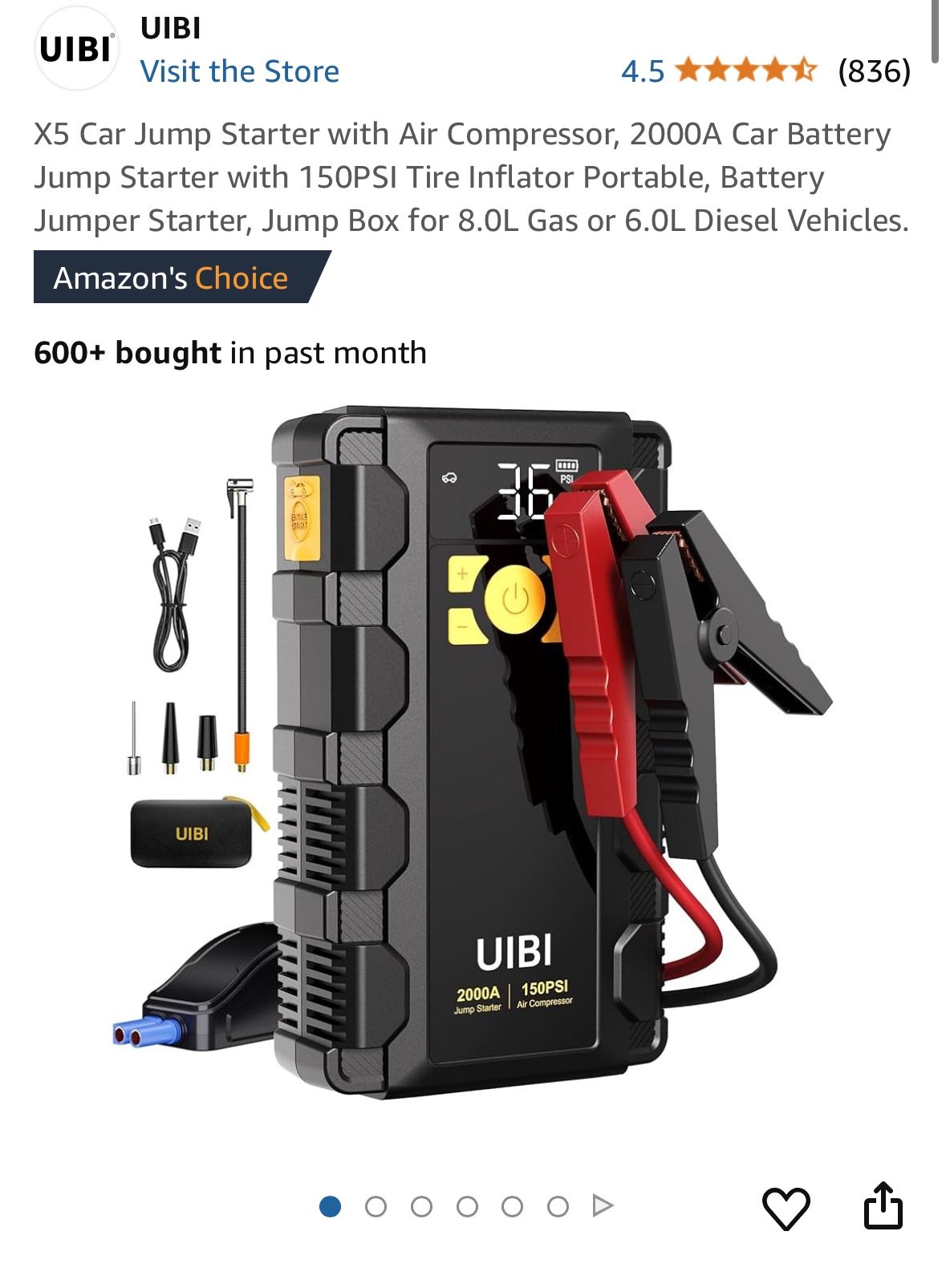 X5 Car Jump Starter with Air Compressor, 2000A Car Battery Jump Starter with 150PSI Tire Inflator Portable, Battery Jumper Starter, Jump Box for 8.0L 