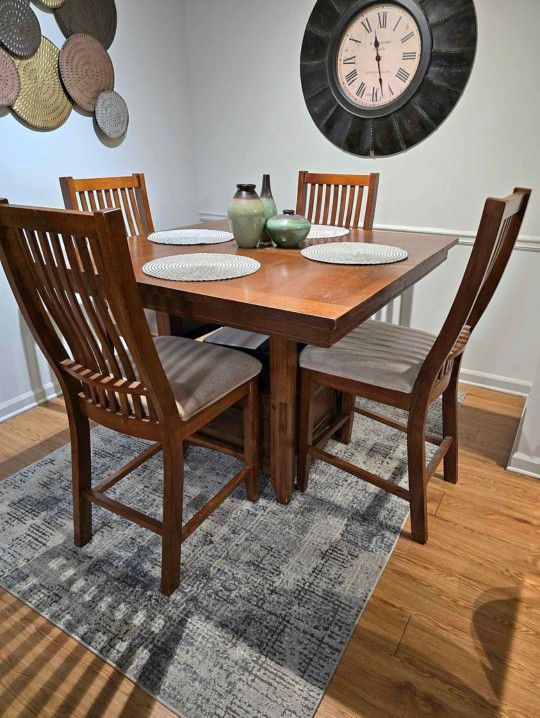 Solid Wood Table, 4 Upholstered Chairs, Leaf, And Storage 