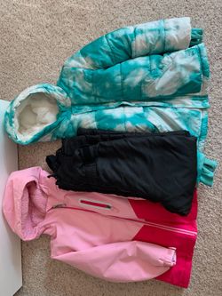 Girls Size 6 winter coats and snow bibs