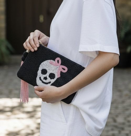 Wandering Moon Beaded Skull Clutch With Skull With Pink Bow Pouch NWT