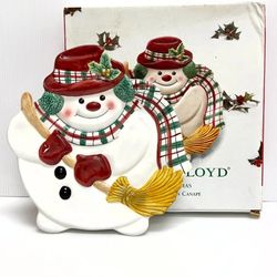 Fitz and Floyd Plaid Christmas Snowman Canape Tray Dish Plate, With Box, 10"x8"