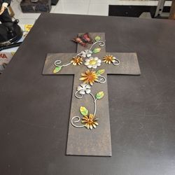 Beautiful Large Metal Art Cross Embellished With Butterfly And Flowers 17.5"x11.5"