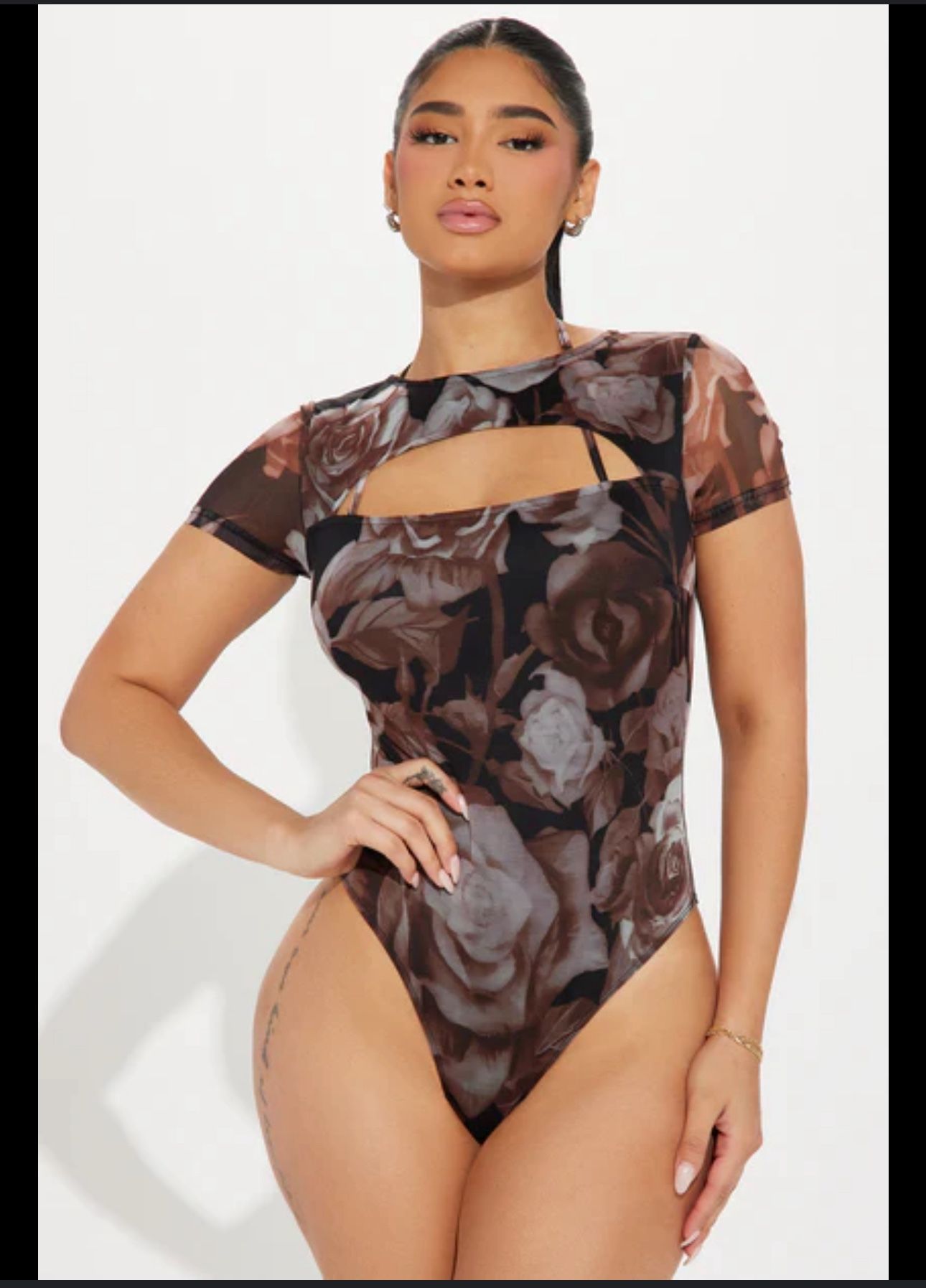 Maya Floral Mesh Bodysuit - Taupe/combo Size L