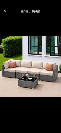 5pc wicker outdoor sectional set with beige cushions  📍 Value Depot 875 Hawthorne Pl, Pomona, CA 91767  🕒 Open: Monday – Saturday | 10:00 AM – 6:00 