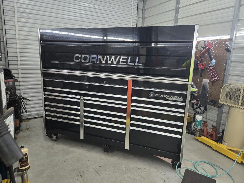 Cornwell 89 inch toolbox with locking hutch fully loaded.
