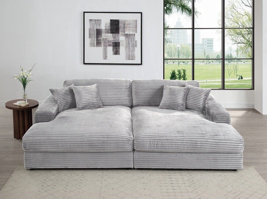 Brand New Light Grey Super Plush Corduroy Double Chaise Sofa