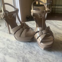 YSL Tribute Platform Sandals - Nude Patent Leather - Size 38