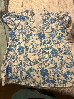 Blue Toile Print V-Neck Blouse