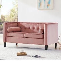 58'' W Velvet Sofa, Mid-Century Love Seats Sofa Furniture with Bolster Pillows, Button Tufted Couch for Living Room, Tool-Free Assembly (Loveseat, Pin