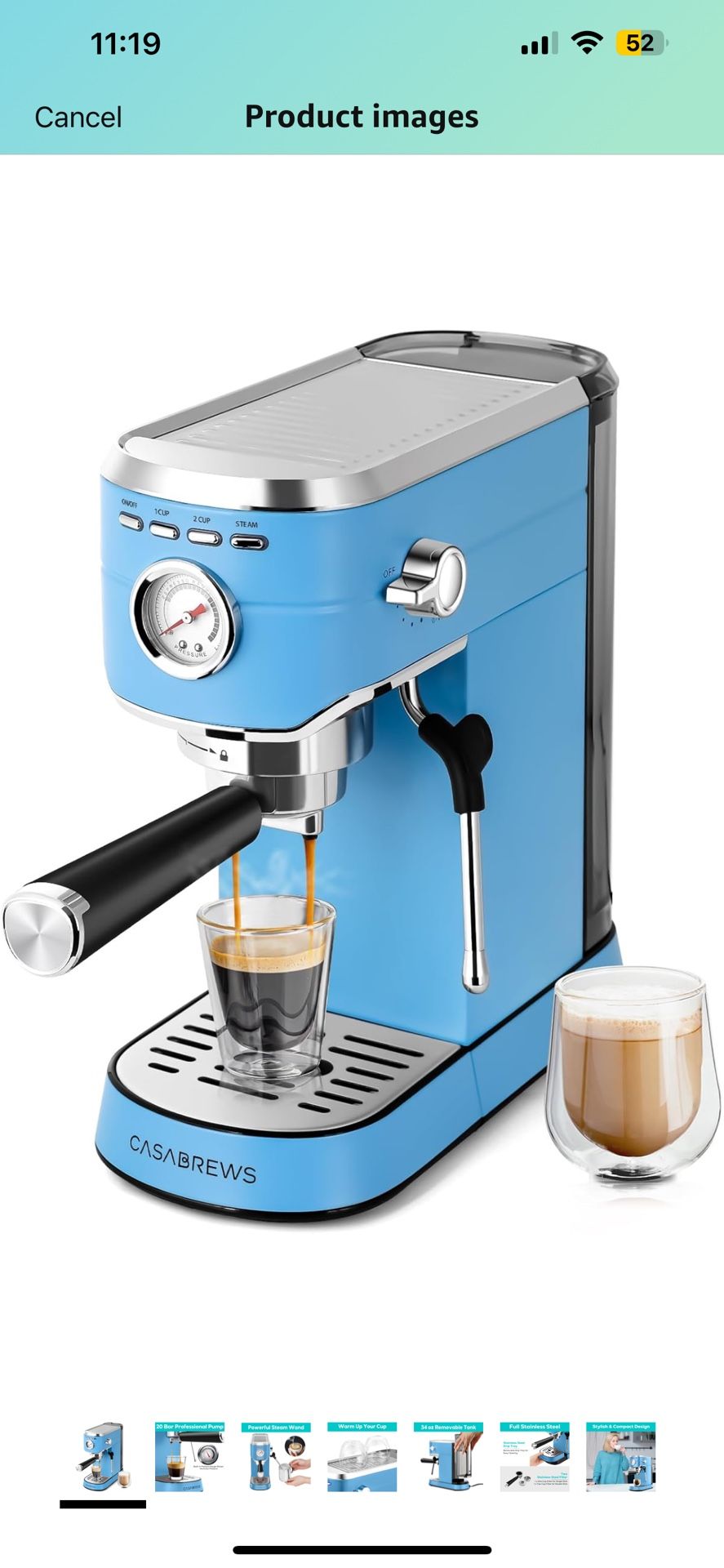 CASABREWS Espresso Machine 20 Bar, Stainless Steel Espresso Maker