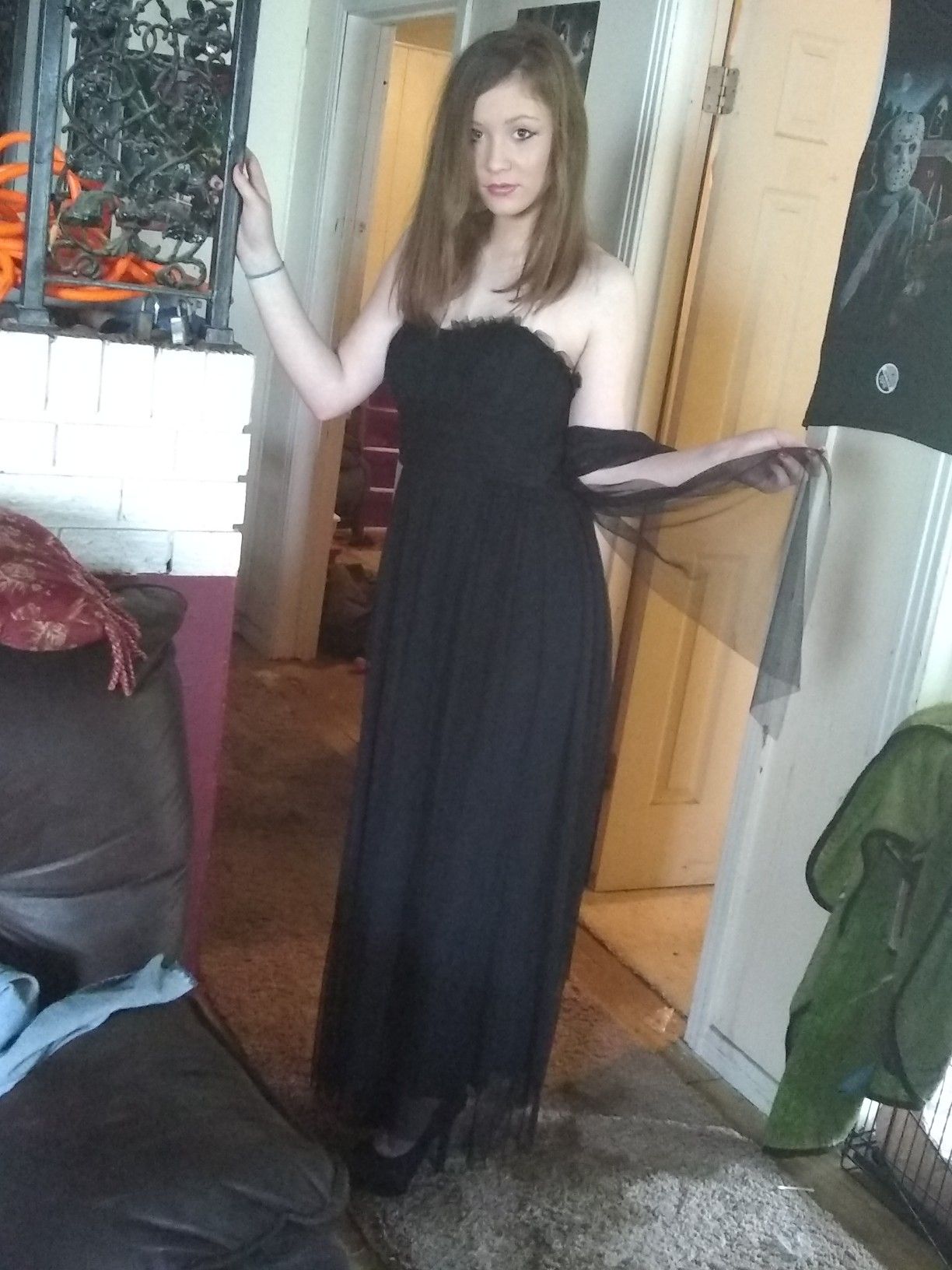 Vera wang size 2 black halter with long sheer now and over fabric