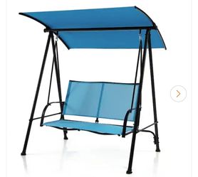 2-Person Black Metal Patio Swing Chair with Adjustable Canopy in Navy