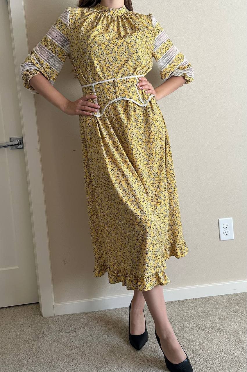 Fall dress, vintage yellow floral dress, unique dress midid dress with  belt 