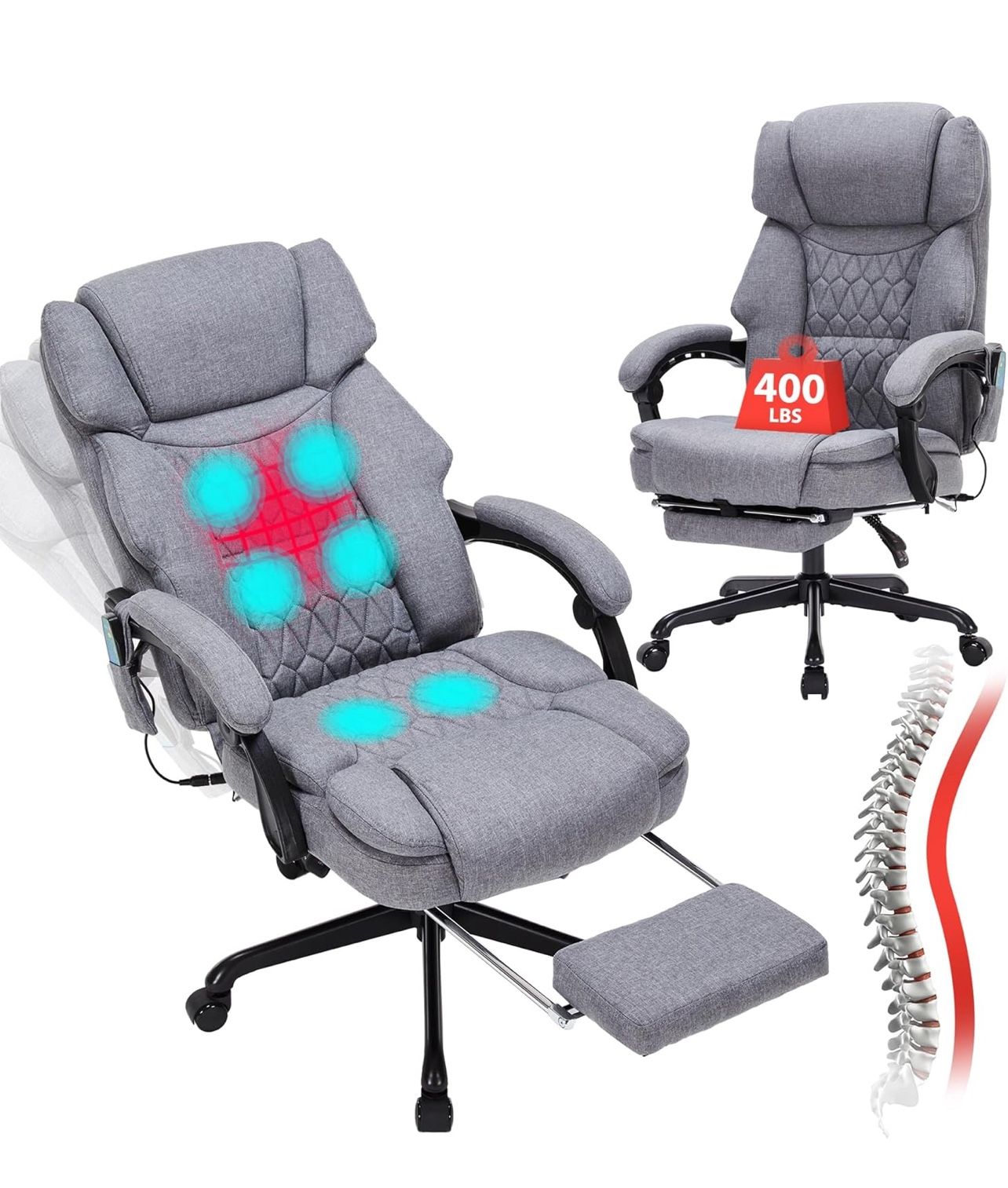 Massage Office Chair with Heat,Reclining Office Chair with Foot Rest,6 Points Vibration Home Desk Chairs for Heavy People 400lbs,Ergonomic Managerial