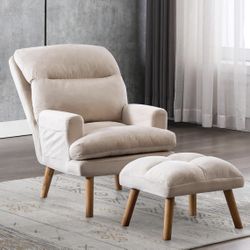 Accent Chairs with Ottoman Set, Modern Velvet Armchair with Adjustable Backrest, Comfy Lounge Chair for Living Room Bedroom, Creamy