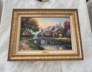 Thomas Kinkade Cobblestone Bridge Cobblestone Lane IV Framed Canvas Painting