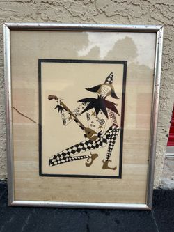 S. Sandra Original Signed Ink Drawing Framed Jester Geometric Circus Art