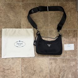 Black nylon mini shoulder bag with chain detail