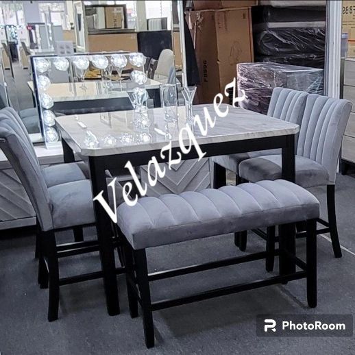 ✅️✅️5 pc dark finish wood white faux marble top rectangular dining table set with bench✅️