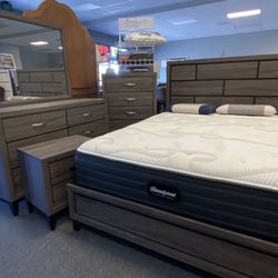 Queen Gray 4pc Bedroom Set Bed Dresser Mirror Nightstand 