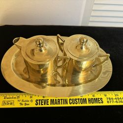 Vintage Brass Creamer And Sugar With Lid And Tray Set