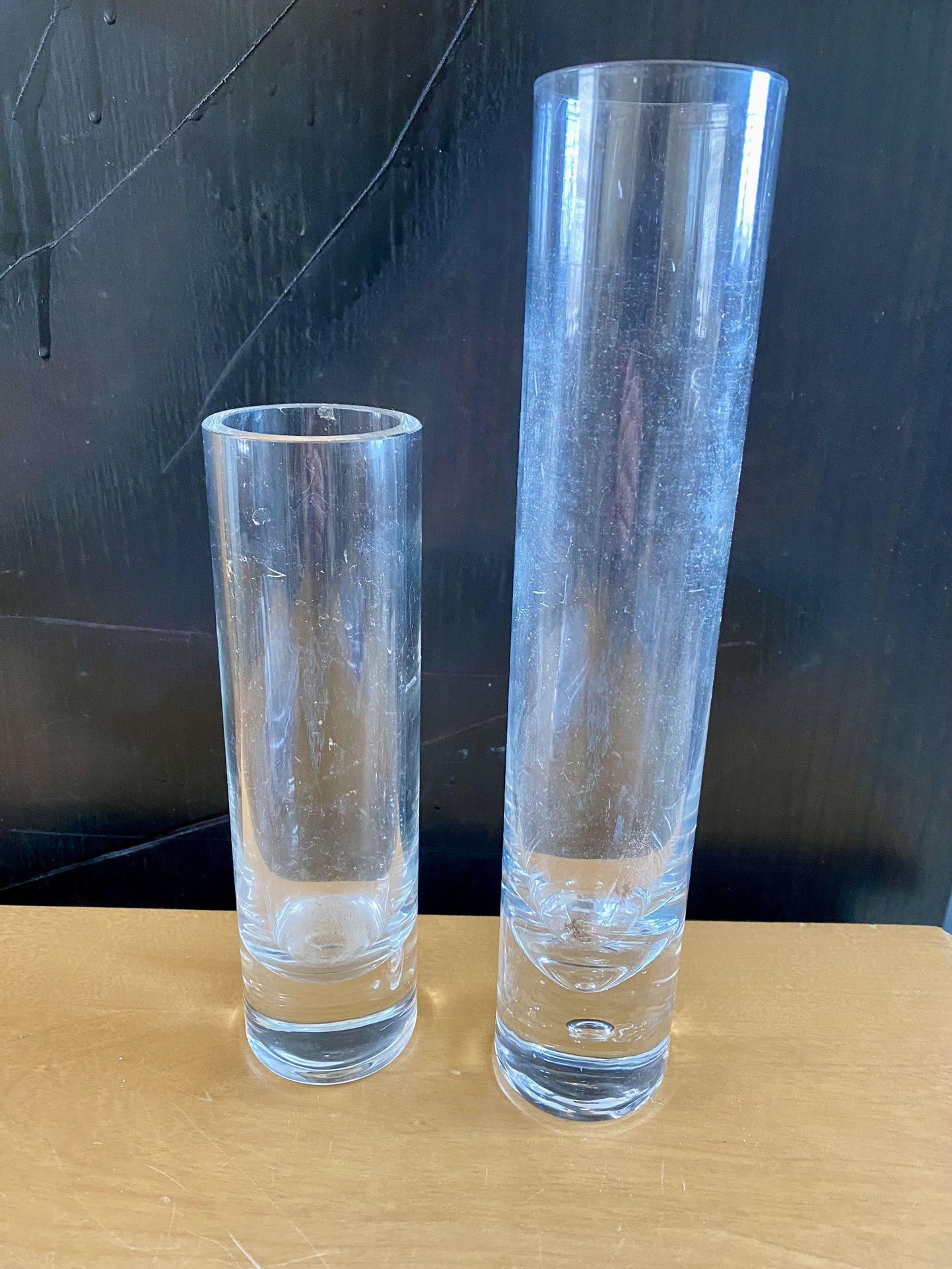 Pair (2) Clear Glass Tall Cylinder Flower Bud Vase Bubble Base 7.25" & 10"