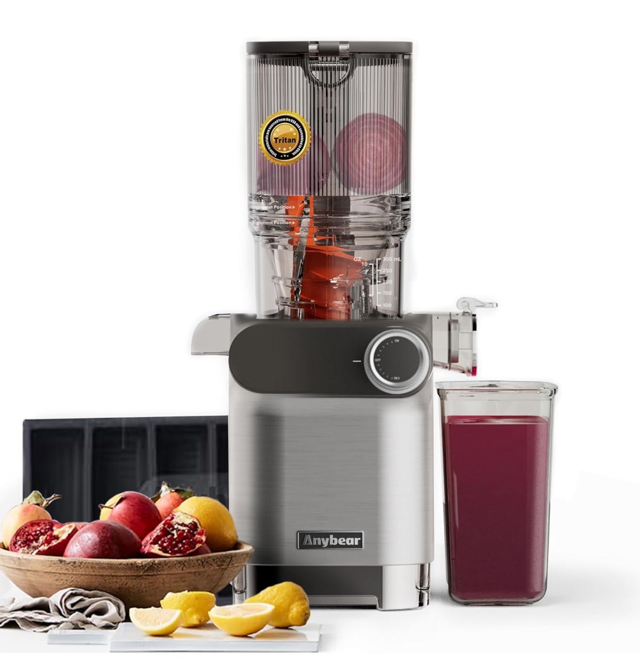 Anybear Cold Press Juicer, 200W Slow Masticating Juicer 4.3" Large Feed Chute Fit Whole Fruits Vegetables