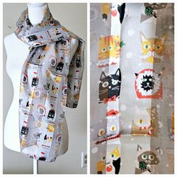 58"×13" Animated Santa Cats and Dogs Silk Feel 100% Polyester Unisex Scarf Neck Wrap Covered in Kitties Puppies in Holiday Attire. Silver Grey Faintly
