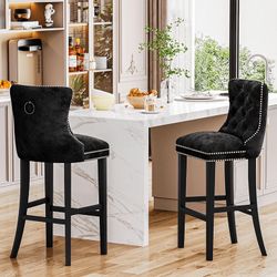 Bar Stools Set of 2, 27''H Velvet Tufted Counter Height Barstools with Back and Footrest, Upholstered Tall Chairs for Kitchen Island