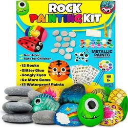 Rock Painting Kit Deluxe, Arts and Crafts for Girls Boys Age 6+, 12 Rocks Tween Gift Art Set, Waterproof Paints, Craft Kits Art Supplies, Kids Crafts 