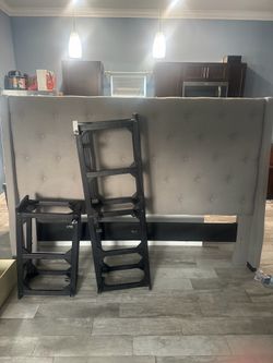 King grey fabric bed-frame with storage drawers