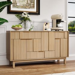 Sideboard Cabinet with 3D Geometric Doors, 54 inch TV Cabinet with 4 Door and 3 Drawers, Buffet Storage Credenza for Living Room, Kitchen