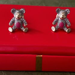 14k Diamond Gold teddy Bear Earring With Pink Heart 