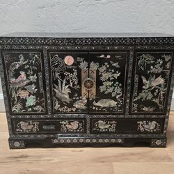 Vintage Korean Asian Mother of Pearl Black Cabinet Jewelry Box 20x15x7