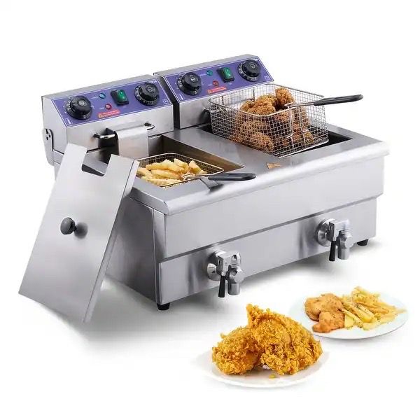 Commercial Electric Deep Fryer 24L 3000W Dual Basket Stainless Steel Countertop with Time Control & Oil Filtration