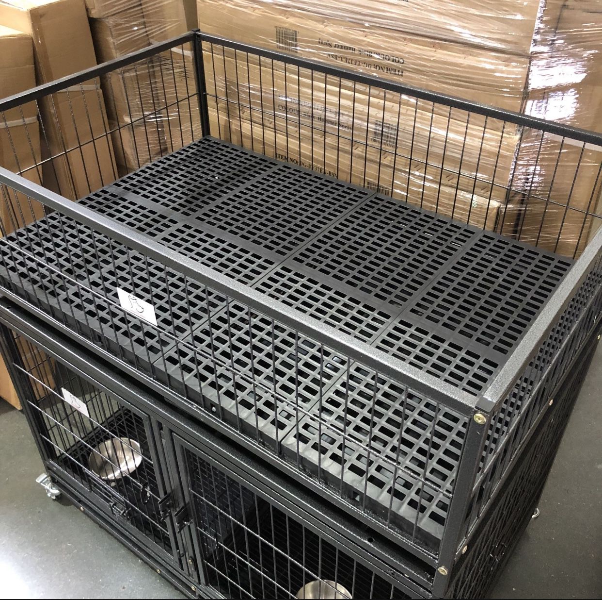 🦮🐕‍🦺 New Double Tier 42” Dog Kennel w/ Metal Floor, Bowls, Tray & Casters, Slide-In Divider, Whelping box 🐶 please see dimensions in second pictur