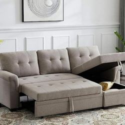 Linen Reversible Sleeper Sectional Sofa with Storage Chaise, L-Shape Design