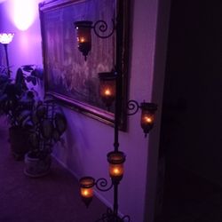 Gorgeous 6 Ft Tall Standing Metal Candelabra With Glass Lanterns