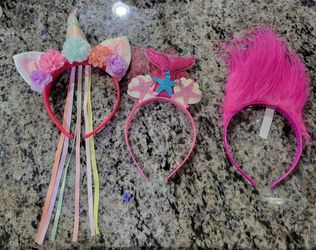 3 costume headbands floral unicorn horn with pastel ribbons, mermaid tail & pink troll hair