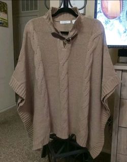 Liz Claiborne Sweater PL/PXL Wool Knit Poncho With Leather Strap Smokey Taupe