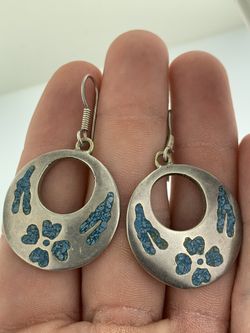 Sterling Silver Turquoise Chip Inlay Circle Dangle Hook Earrings MEXICO 16 grams